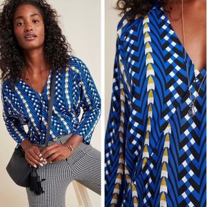 Anthropologie The Odells Alisha Geometric Print - Blue Black & Yellow Wrap Top M